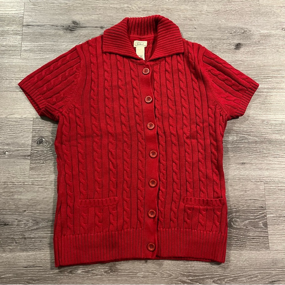 LL Bean Red Short Sleeve Cable Knit Button Down Cardigan Sweater Large Old Money